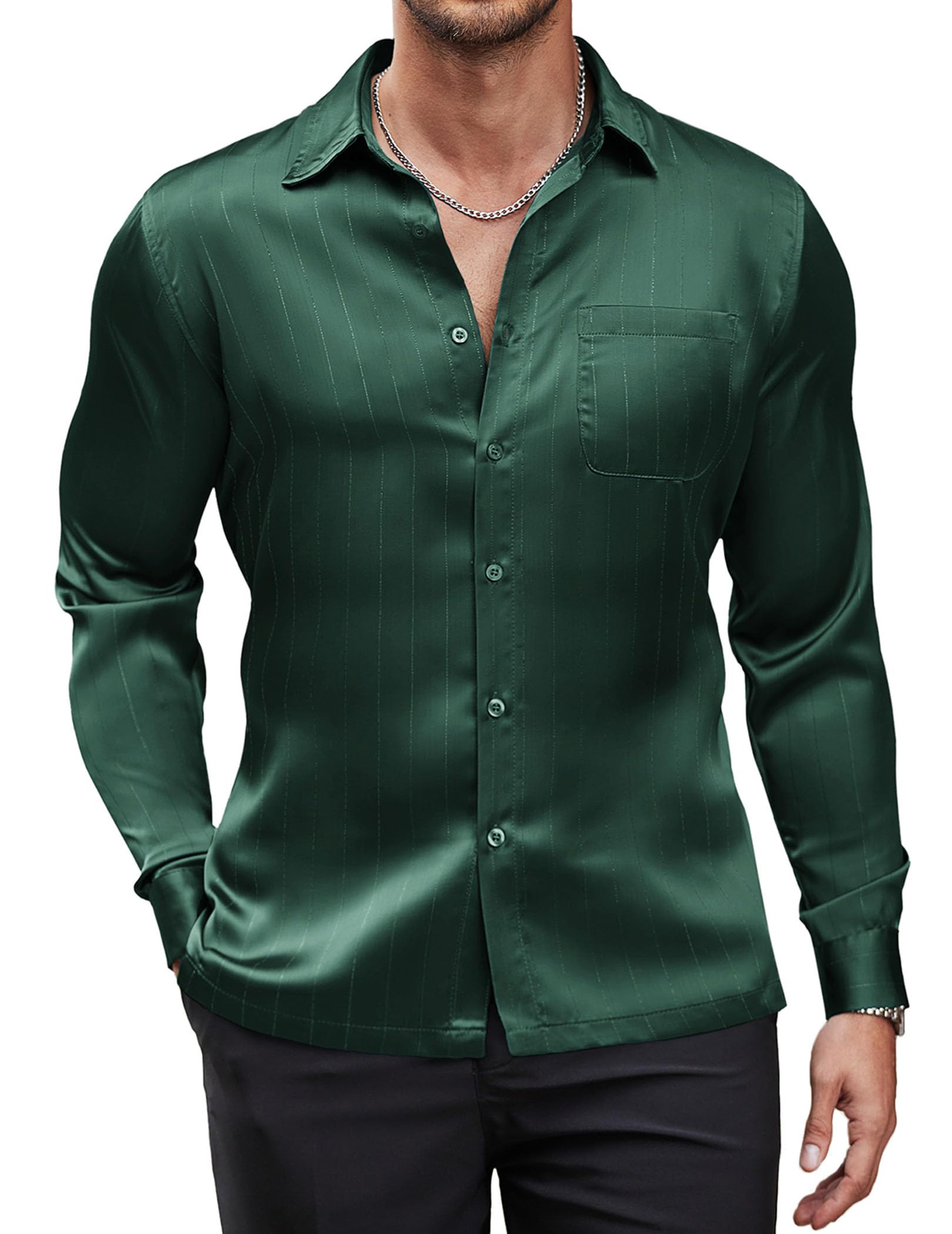 COOFANDY Men's Luxury Dress Shirts Long Sleeve Satin Silk Like Shirt Wedding Prom (Army Green, Large)