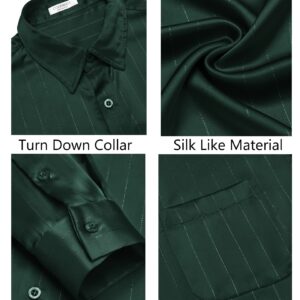 COOFANDY Men's Luxury Dress Shirts Long Sleeve Satin Silk Like Shirt Wedding Prom (Army Green, Large)