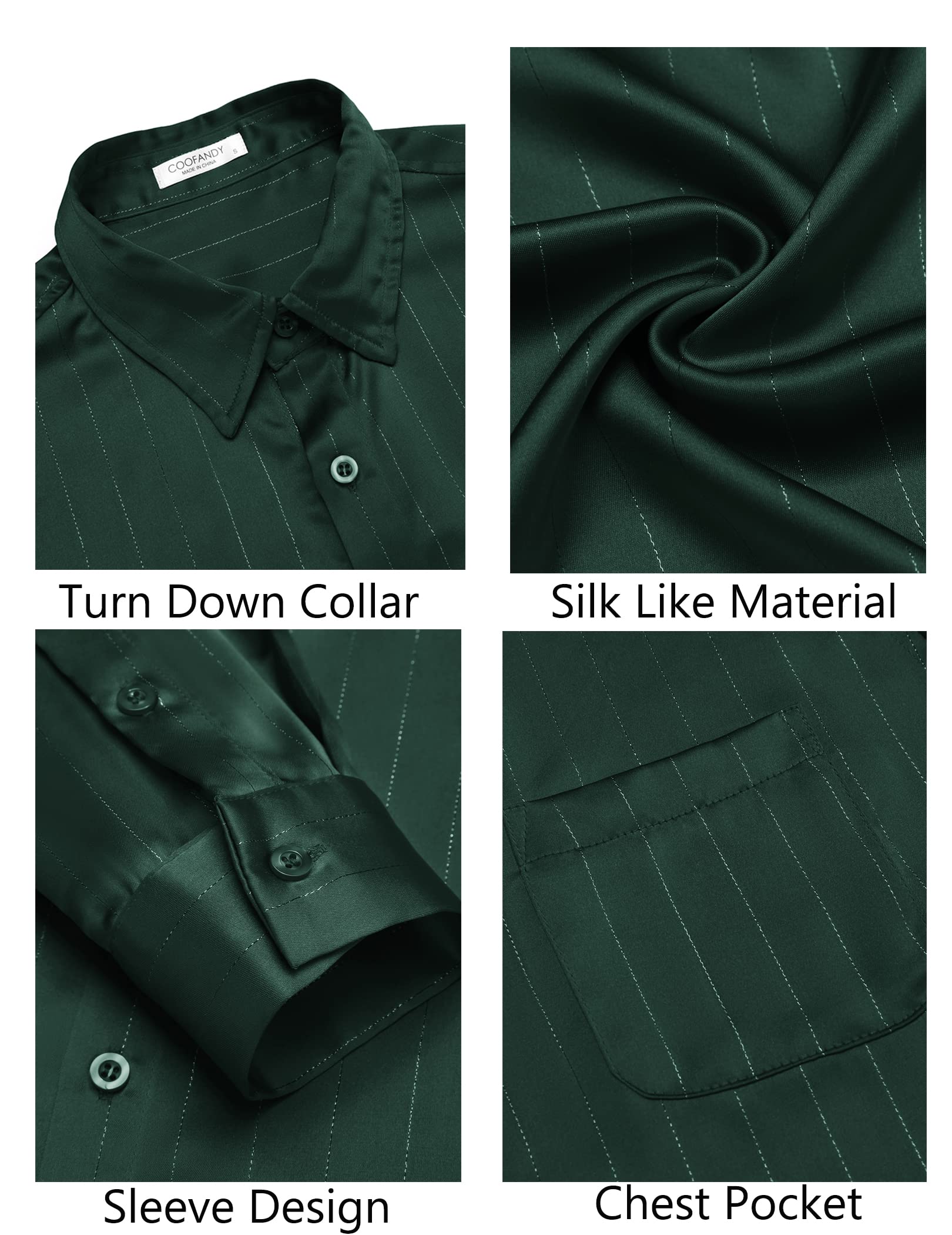 COOFANDY Men's Luxury Dress Shirts Long Sleeve Satin Silk Like Shirt Wedding Prom (Army Green, Large)