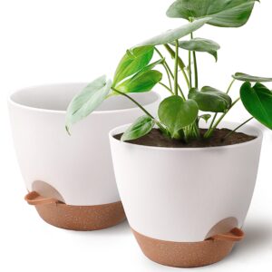 giraffe creation 9 inch plant pots 2-pack, self watering flower pots indoor outdoor, planters with drainage hole saucer reservoir, white brown