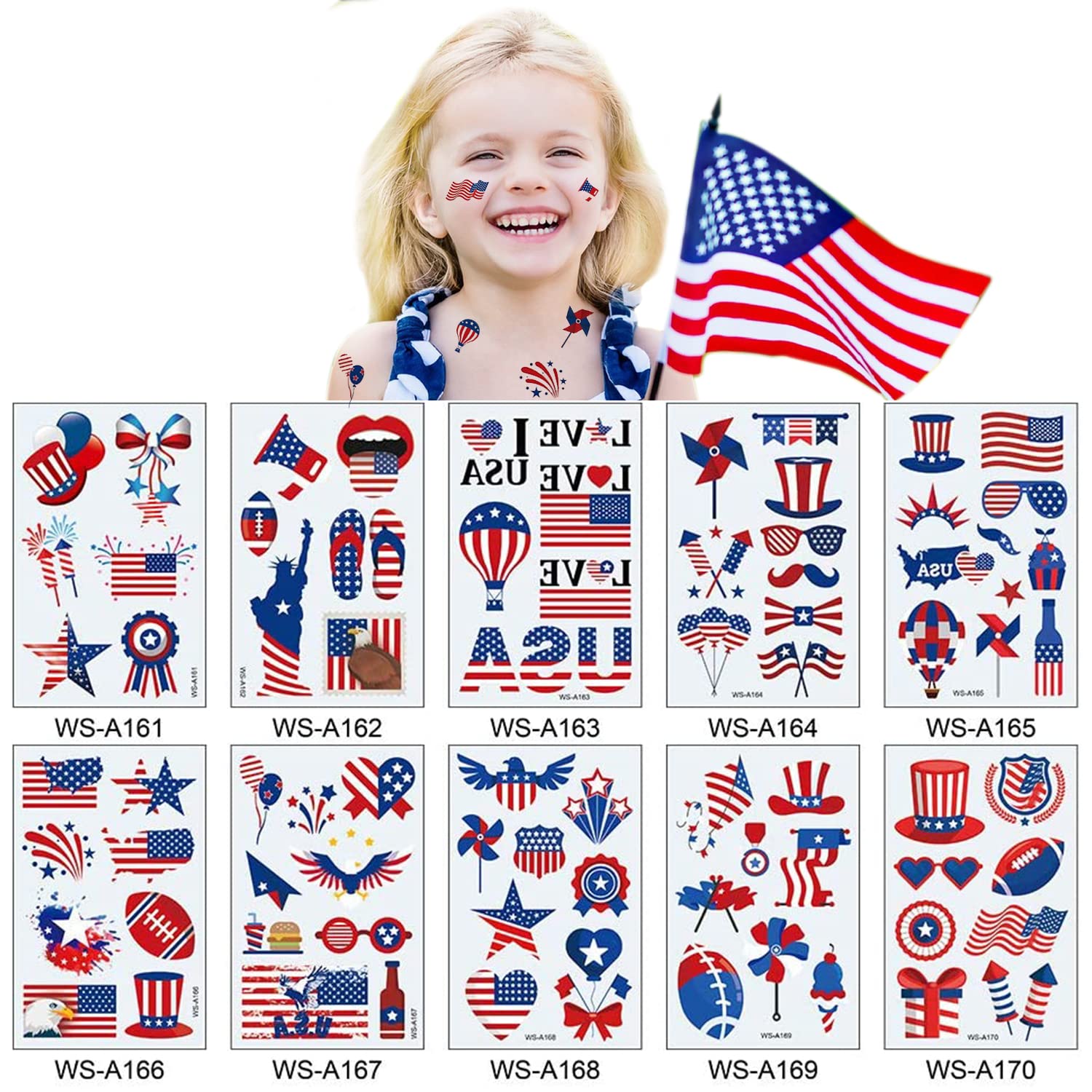 American Flag Tattoos(Nearly a hundred styles）, USA Tattoos, Red White and Blue Party Supplies, Patriotic Temporary Tattoos for Independence Day, Memorial Day, and Labor Day