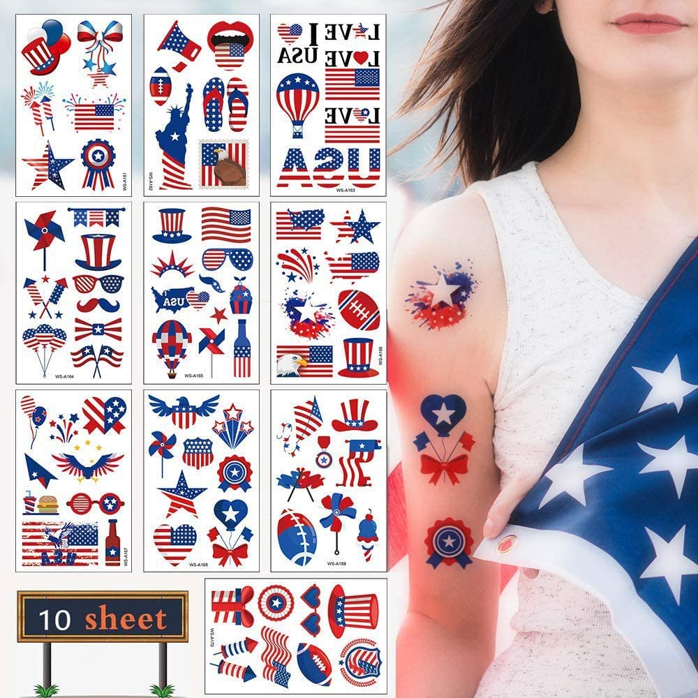 American Flag Tattoos(Nearly a hundred styles）, USA Tattoos, Red White and Blue Party Supplies, Patriotic Temporary Tattoos for Independence Day, Memorial Day, and Labor Day