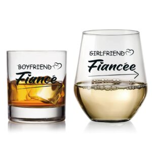 roraem whiskey glasses and wine glasses set - engagement gifts for couples boyfriend and girlfriend fiance fiancee gifts for her and him - stemless wine glass for mr and mrs bride groom