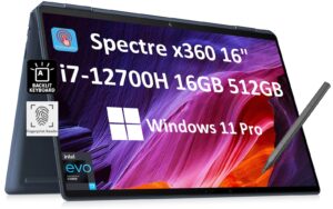 hp spectre x360 2-in-1 business laptop (16" 3k qhd+ touchscreen, intel 14-core i7-12700h, 16gb ram, 512gb ssd, ist stylus) long battery life, fingerprint, backlit, thunderbolt 4, wi-fi 6e, win 11 pro