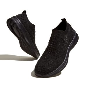 belos women's rhinestone slip on walking shoes breathable mesh knit sock shoes fashion comfortable sparkly sneaker(black,10)