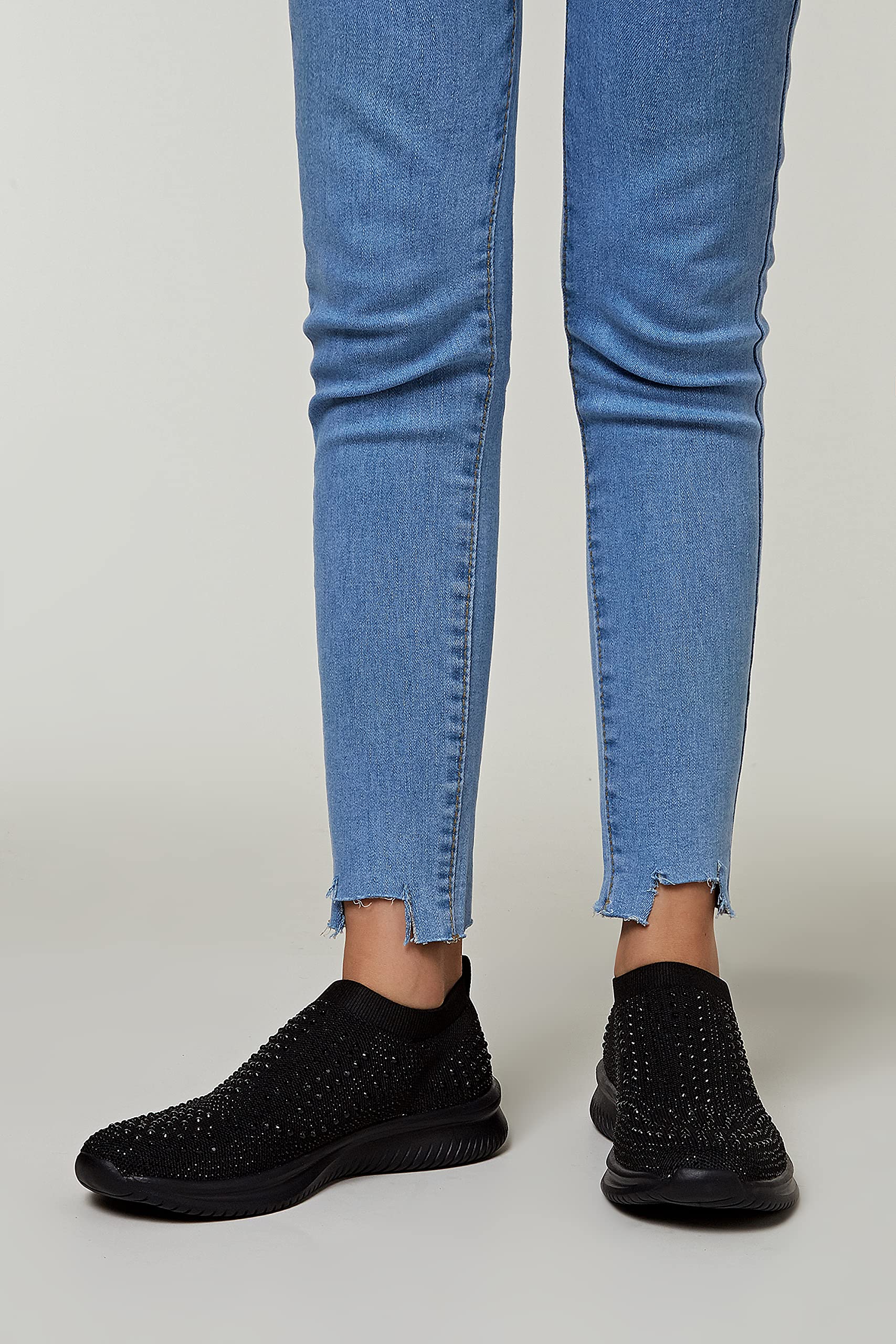 BELOS Women's Rhinestone Slip On Walking Shoes Breathable Mesh Knit Sock Shoes Fashion Comfortable Sparkly Sneaker(Black,10)
