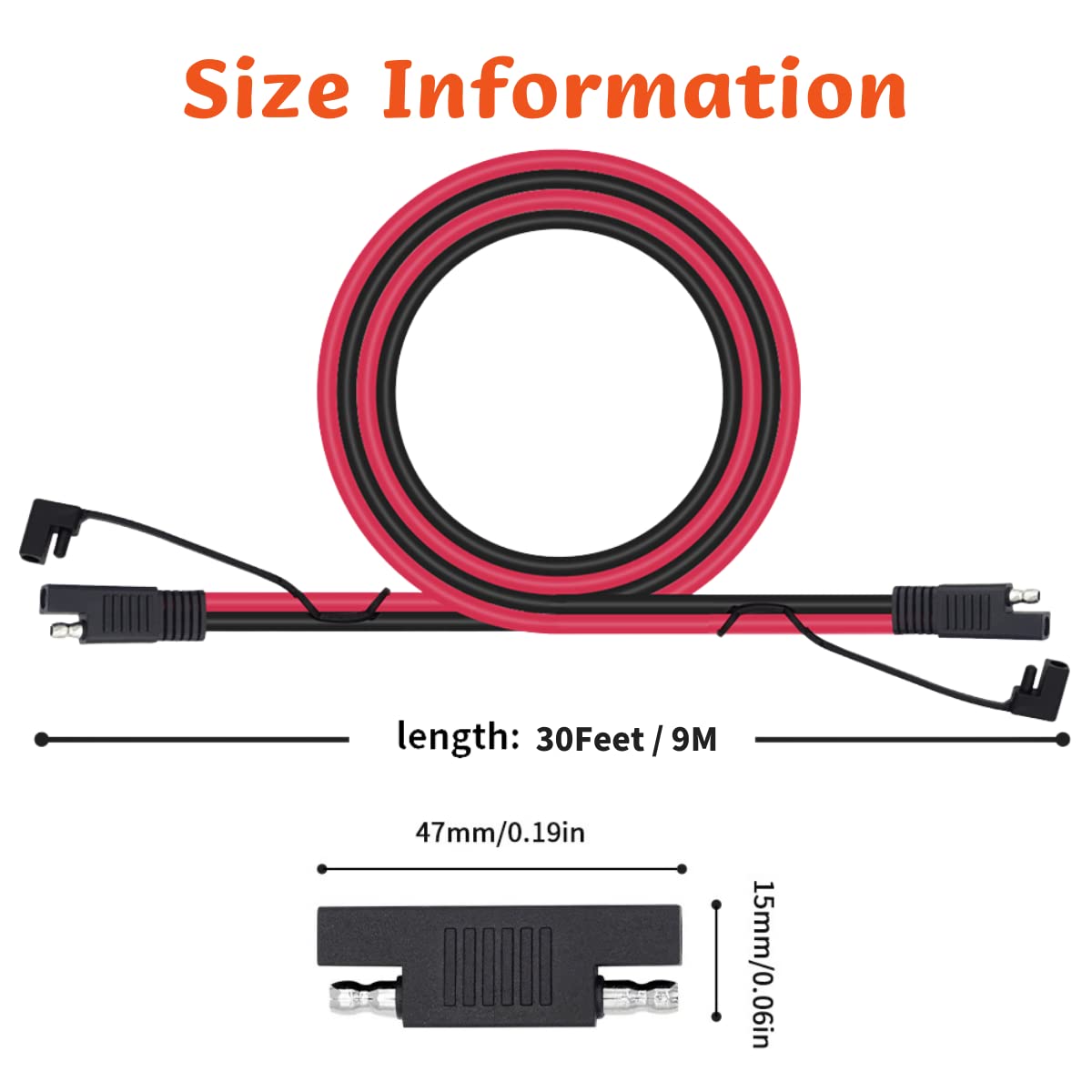 SAE Extension Cable 14 AWG 30FT SAE to SAE Quick Disconnect Wire Harness SAE Connector Extension Cable with SAE Polarity Reverse Adapter for Cars, Motorcycles, Solar Panels, RV Battery