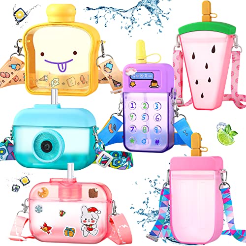 Queekay 6 Pcs Water Bottles with Straws for Kids Watermelon Water Bottle Adjustable Strap Leakproof Plastic Watermelon Ice Cream Camera Bread Biscuits Shaped Water Bottle for School Travel