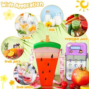 Queekay 6 Pcs Water Bottles with Straws for Kids Watermelon Water Bottle Adjustable Strap Leakproof Plastic Watermelon Ice Cream Camera Bread Biscuits Shaped Water Bottle for School Travel