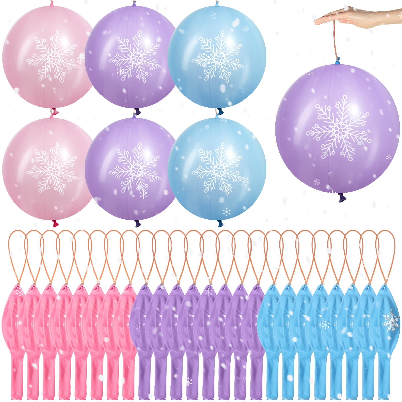 36 Pcs 18 Inch Snowflake Punch Balloons Winter Theme Punching Balloon Kids Party Favors Carnival Prizes Bounce Balloons with Rubber Band Handle for Birthday Party Daily Game School (Blue Pink Purple)