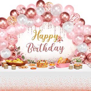72 pieces birthday decorations for women girls included backdrop tablecloths balloons floral garland happy birthday party supplies for ladies birthday party decor (rose gold)