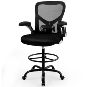 drafting chair,tall standing desk chair comfortable office chair with foot ring flip-up padded arms height adjustable computer task chair ergonomic mesh mid-back desk chair,black