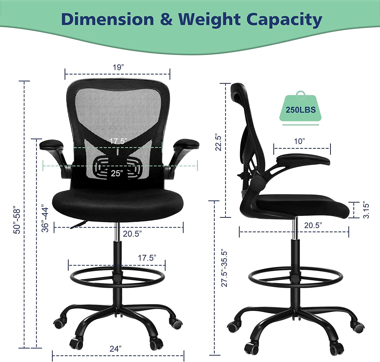 Drafting Chair,Tall Standing Desk Chair Comfortable Office Chair with Foot Ring Flip-up Padded Arms Height Adjustable Computer Task Chair Ergonomic Mesh Mid-Back Desk Chair,Black