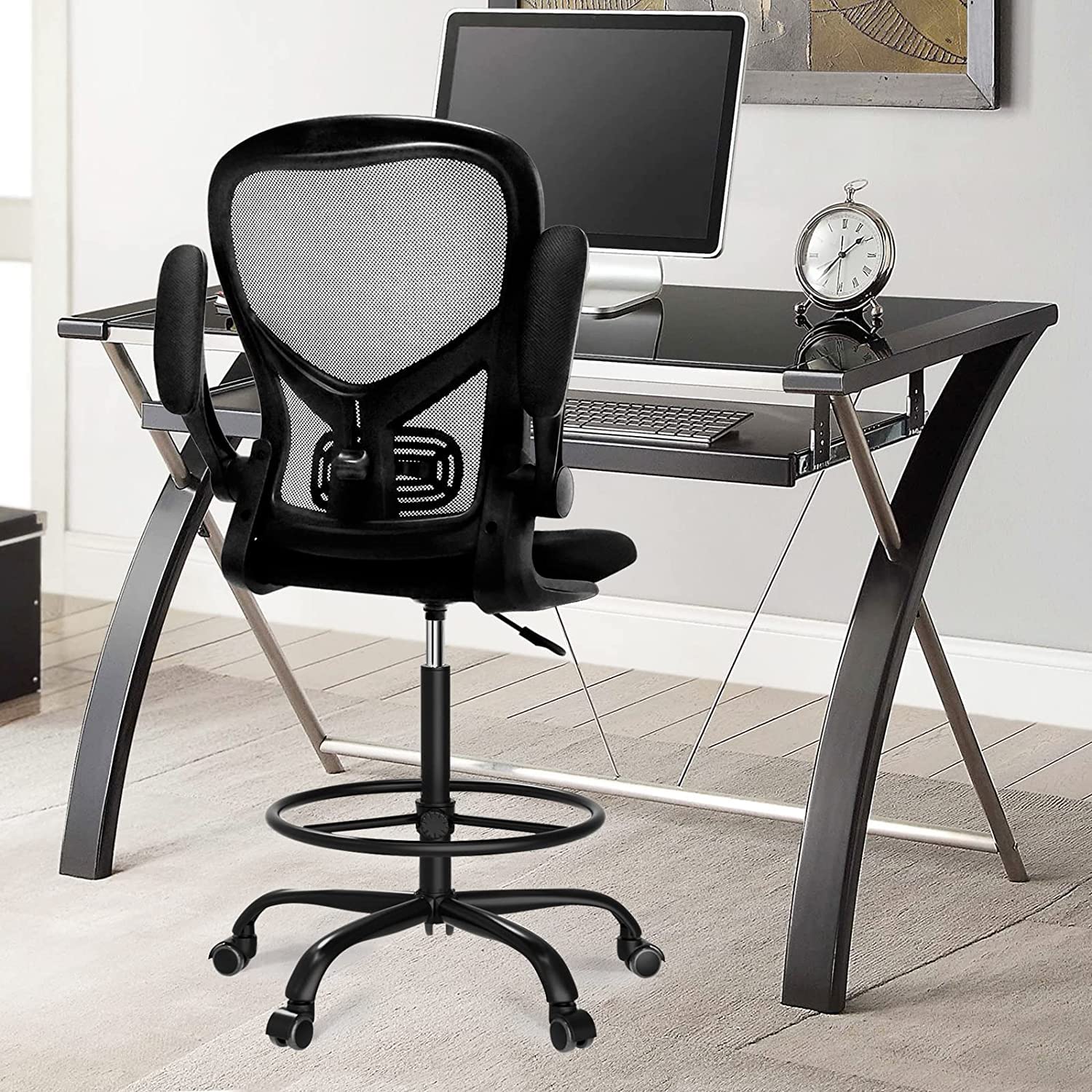 Drafting Chair,Tall Standing Desk Chair Comfortable Office Chair with Foot Ring Flip-up Padded Arms Height Adjustable Computer Task Chair Ergonomic Mesh Mid-Back Desk Chair,Black
