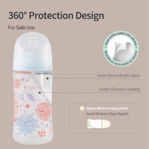 Pigeon Silicone Coating (Glass Inside/Silicone Outside) Nursing Bottle, Wide Neck, Streamlined Body, Natural Feel, Easy to Clean, Heat-Resistant, Flowers, 8.1 Oz