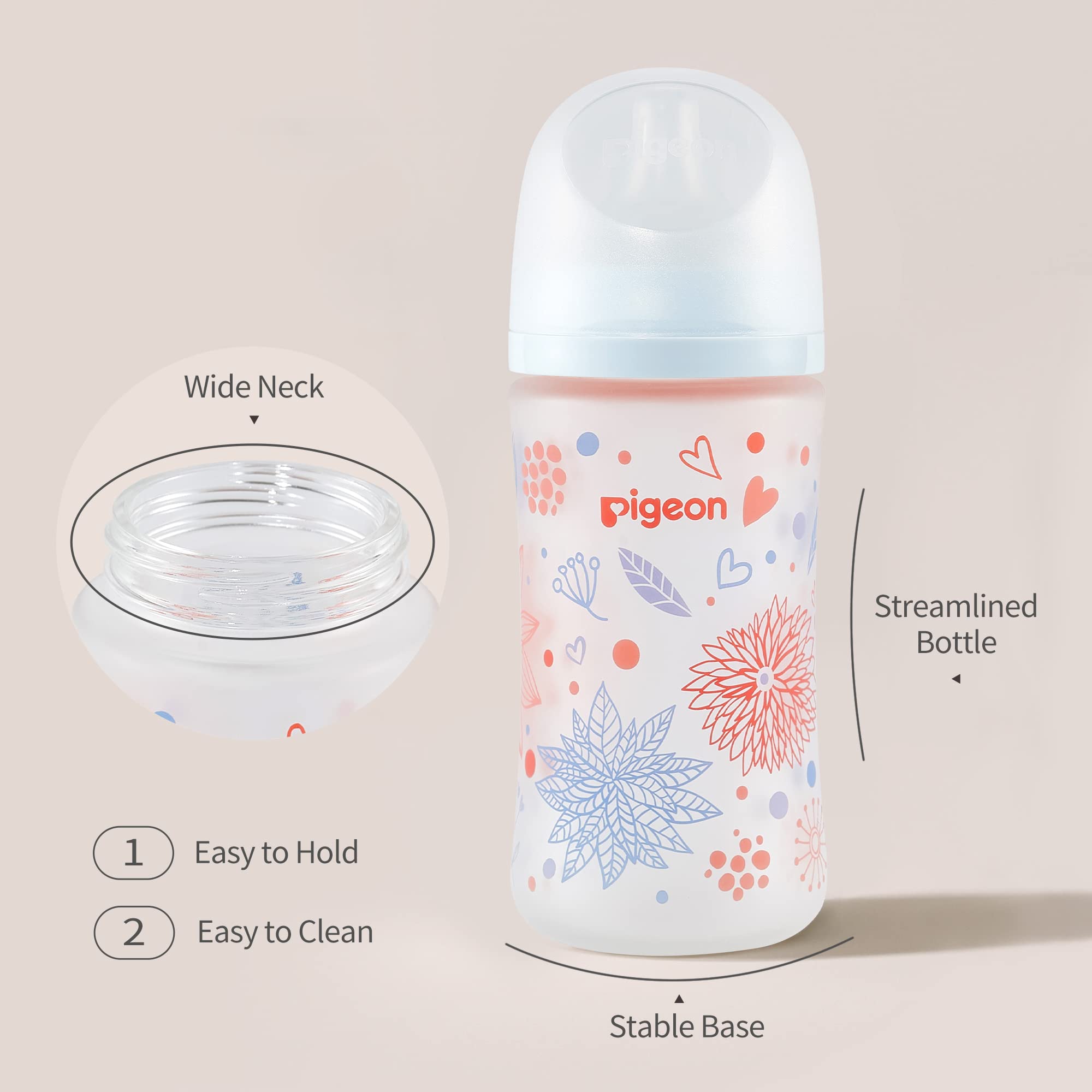 Pigeon Silicone Coating (Glass Inside/Silicone Outside) Nursing Bottle, Wide Neck, Streamlined Body, Natural Feel, Easy to Clean, Heat-Resistant, Flowers, 8.1 Oz