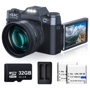 vjianger 4k digital camera 48mp wifi vlogging camera for youtube with 180° flip screen, 16x digital zoom, 52mm wide angle & macro lens, 2 batteries, 32gb tf card(w02 black4)