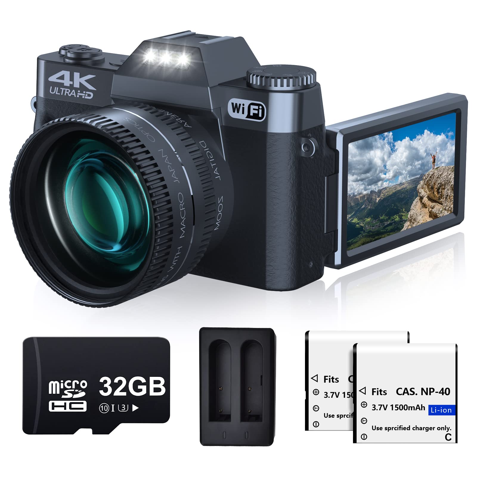 VJIANGER 4K Digital Camera 48MP WiFi Vlogging Camera for YouTube with 180° Flip Screen, 16X Digital Zoom, 52mm Wide Angle & Macro Lens, 2 Batteries, 32GB TF Card(W02 Black4)