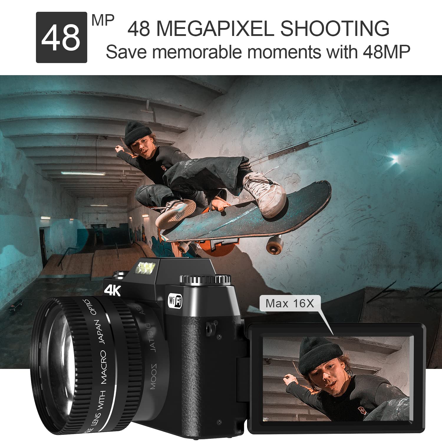 VJIANGER 4K Digital Camera 48MP WiFi Vlogging Camera for YouTube with 180° Flip Screen, 16X Digital Zoom, 52mm Wide Angle & Macro Lens, 2 Batteries, 32GB TF Card(W02 Black4)