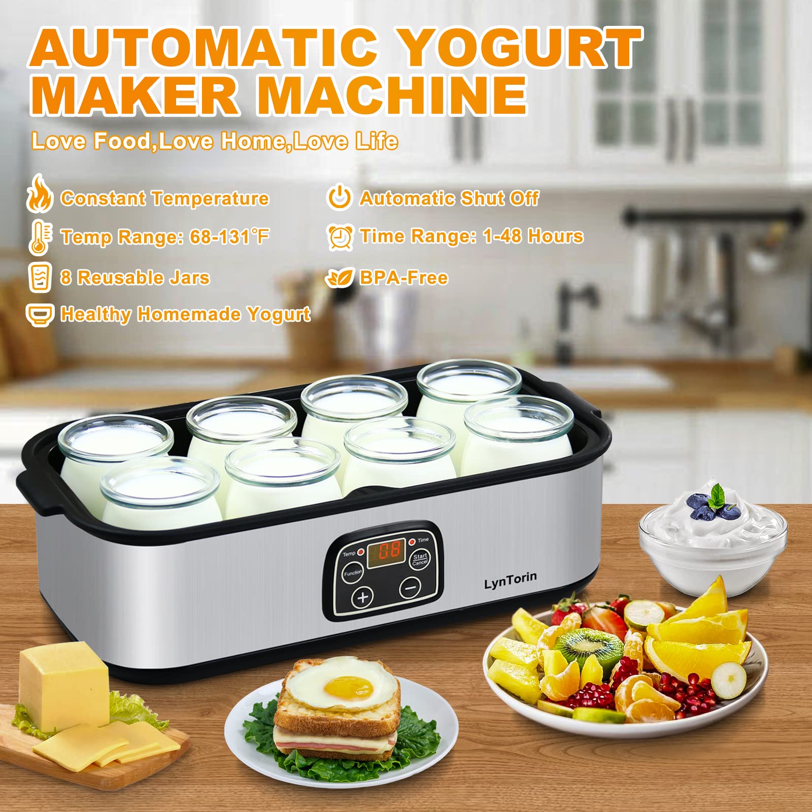 LynTorin Yogurt Maker, Automatic Digital Yogurt Maker Machine with Adjustable Temperature & Time Control, Stainless Steel Cheese Maker, Fruit Wine Maker with LCD Display