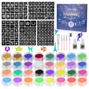 aomig glitter tattoo kit, kids temporary tattoo set - 24 colours glitter, 8 fluorescent powder, 172 stencils, unique body nail glitter safe body make-up for kids and adults birthday party