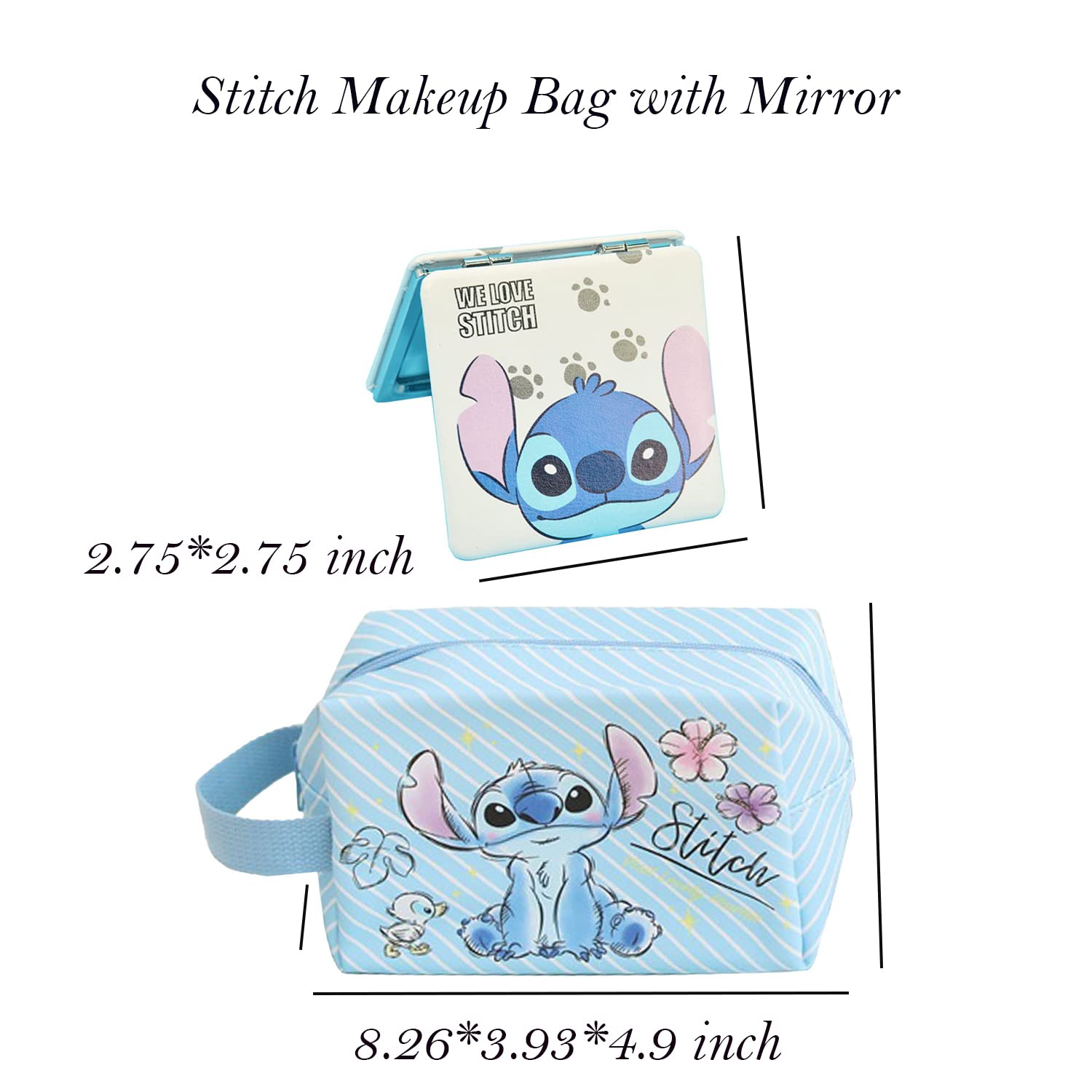 Stitch Travel Cosmetic Pouch, Large Capacity Cartoon Zippered PU Bag, Foldable Makeup Accessories Organizer and Storage for Women and Girls