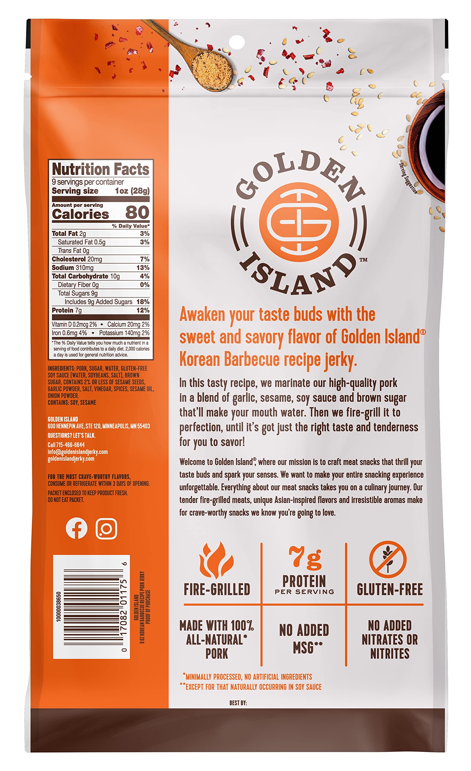 Golden Island Pork Jerky Korean Barbecue – Gluten Free Protein Snack, Korean BBQ Flavor, Made with 7g of Protein Per Serving – 9 Oz (Pack of 2)