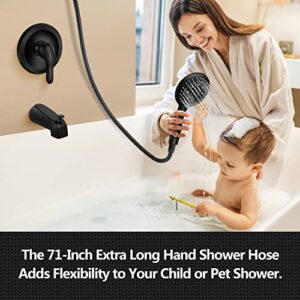 Meterra Black Tub Shower Faucet Set - High Pressure Bathroom Bathtub Faucet Set Complete with 2 in 1 Multifunctional Handheld Sprayer, Matte Black Rain Shower System with Valve, Bath Tub, Trim Kit