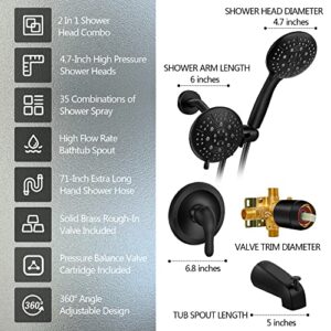 Meterra Black Tub Shower Faucet Set - High Pressure Bathroom Bathtub Faucet Set Complete with 2 in 1 Multifunctional Handheld Sprayer, Matte Black Rain Shower System with Valve, Bath Tub, Trim Kit