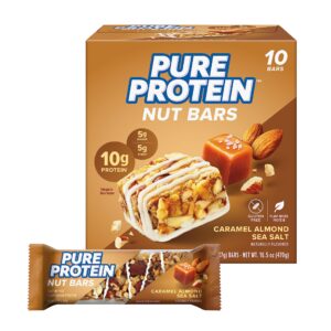 pure protein nut bars, caramel almond sea salt, 10g protein, gluten free, low sugar, 1.65 oz, 10 pack (packaging may vary)