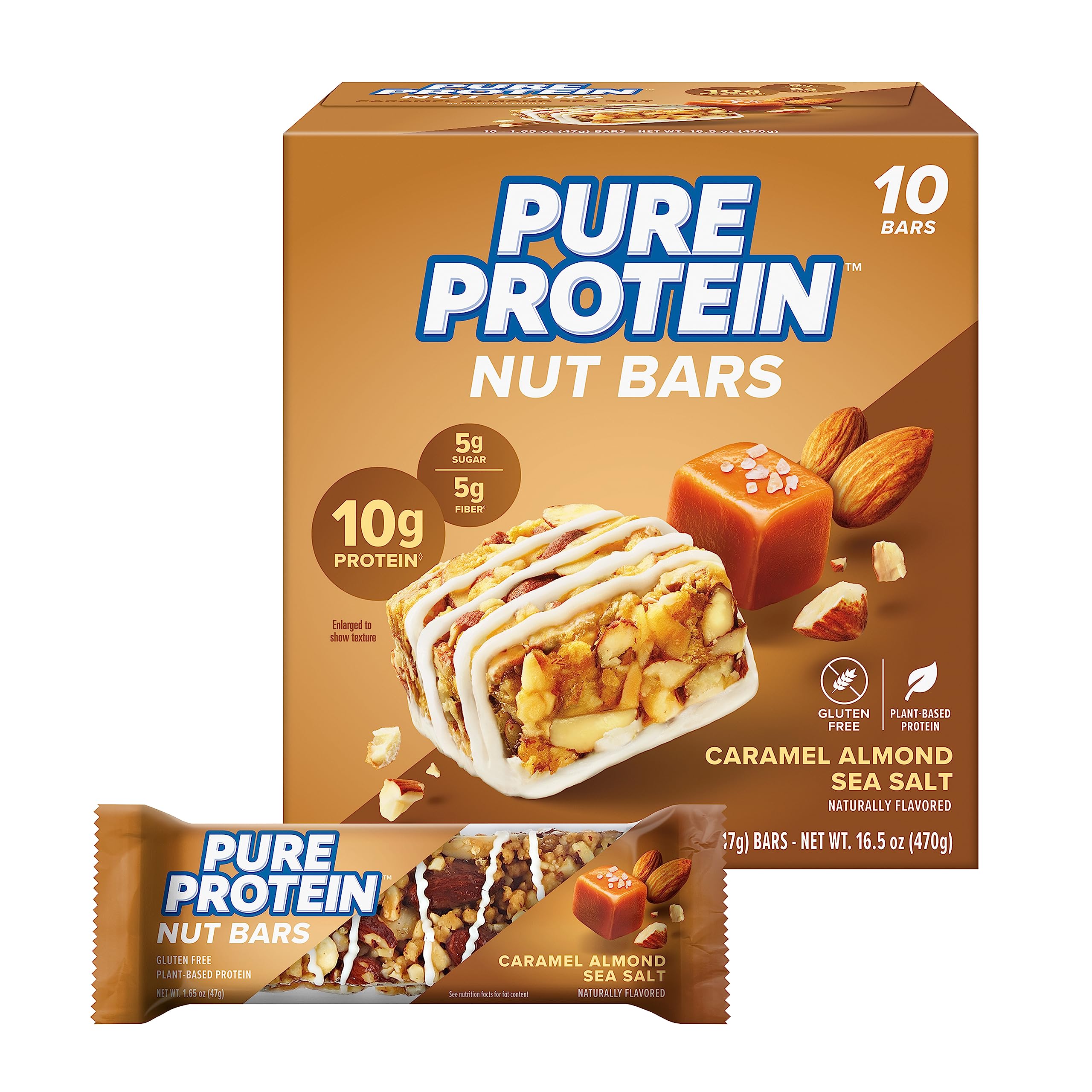 Pure Protein Nut Bars, Caramel Almond Sea Salt, 10g Protein, Gluten Free, Low Sugar, 1.65 oz, 10 Pack (Packaging may vary)