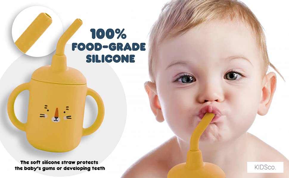 KIDSco. Silicone Baby Cup with Straw (Crocodile) - Sippy Cup for 1 Year Old - Unbreakable Toddler Cups Spill proof - 100% Silicone Training Cup for Infants+toddlers - Sippy Cup with Handles