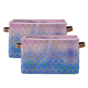 ZOEO Large Storage Basket, Mermaid Scales Purple Marble Glitter Foldable Storages Box Organizer Bins with Leather Handles for Shelves Closet Bedroom, Theme Party