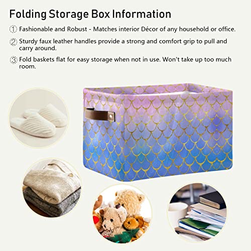 ZOEO Large Storage Basket, Mermaid Scales Purple Marble Glitter Foldable Storages Box Organizer Bins with Leather Handles for Shelves Closet Bedroom, Theme Party