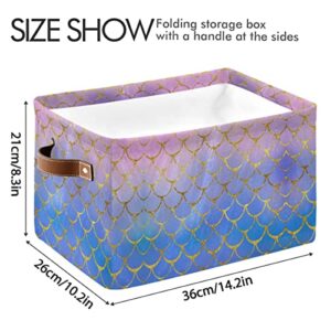 ZOEO Large Storage Basket, Mermaid Scales Purple Marble Glitter Foldable Storages Box Organizer Bins with Leather Handles for Shelves Closet Bedroom, Theme Party