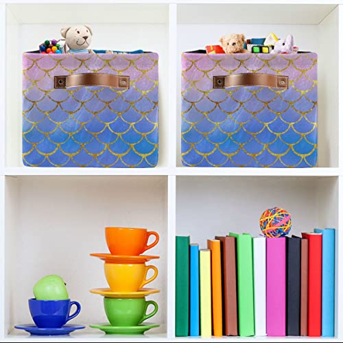 ZOEO Large Storage Basket, Mermaid Scales Purple Marble Glitter Foldable Storages Box Organizer Bins with Leather Handles for Shelves Closet Bedroom, Theme Party