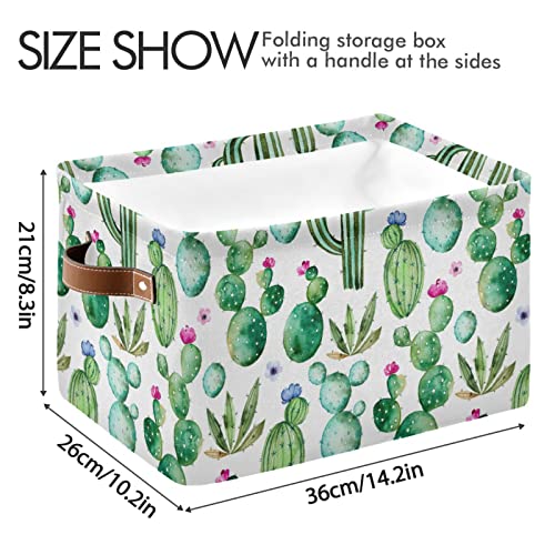 ALAZA Green Cactus Plant Flower Foldable Storage Box Storage Basket Organizer Bins with Handles for Shelf Closet Living Room Bedroom Home Office 2 Pack