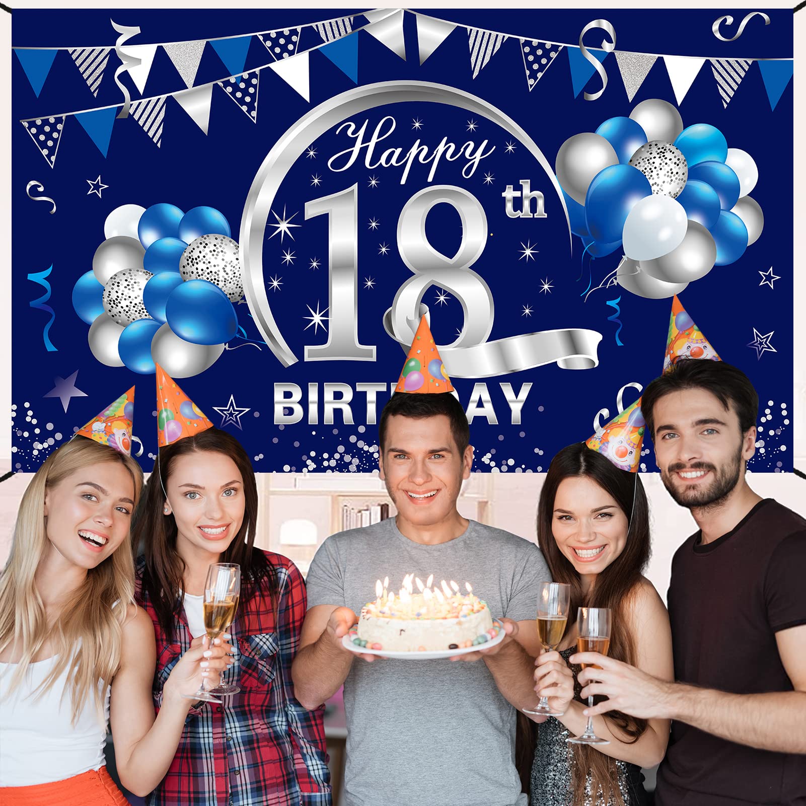Blue Silver 18th Birthday Banner Decorations for Men Boy - Happy 18 Birthday Backdrop Party Supplies - Eighteen Birthday Poster Photo Props Background Sign