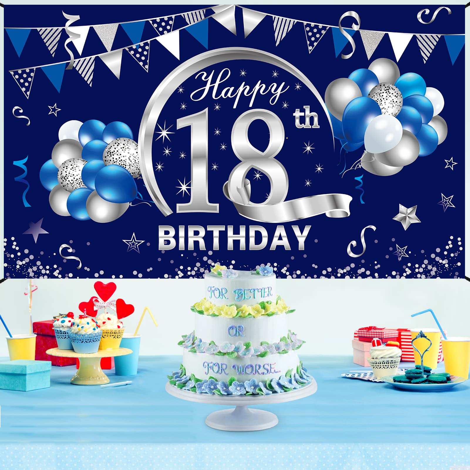 Blue Silver 18th Birthday Banner Decorations for Men Boy - Happy 18 Birthday Backdrop Party Supplies - Eighteen Birthday Poster Photo Props Background Sign