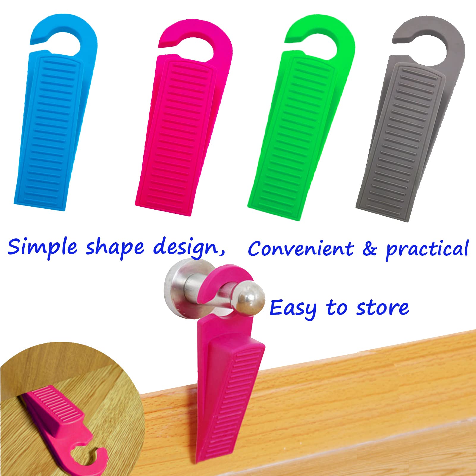 MOODKEY 4PCS Door Stoppers Premium Rubber Hook Type Door Stoppers for Bottom of Door Stoppers Wedge Anti-Slip Heavy Duty Non-Scratching Doorstops for Concrete/Tile/Carpet/Wood Floors Easy Storage