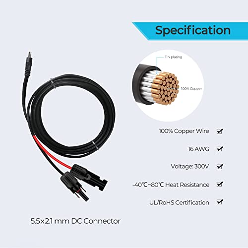 Renogy 10Ft 16AWG Solar Connector to 5.5x2.1mm DC Adapter Cable, Connect EFLEX 80 to Phoenix G2