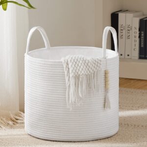youdenova woven rope laundry hamper basket, 46l luandry basket, baby nursery hamper for blanket storage, clothes hamper for laundry in bedroom- 16"×16"×14"- white