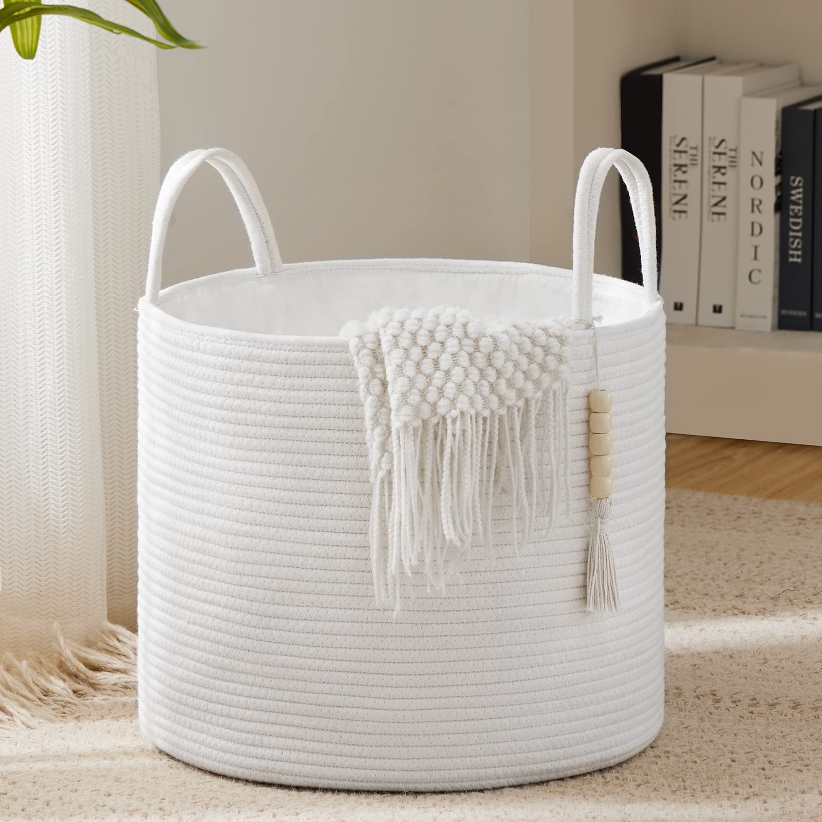 YOUDENOVA Woven Rope Laundry Hamper Basket, 46L Luandry Basket, Baby Nursery Hamper for Blanket Storage, Clothes Hamper for Laundry in Bedroom- 16"×16"×14"- White