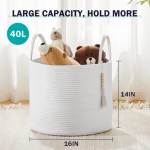 YOUDENOVA Woven Rope Laundry Hamper Basket, 46L Luandry Basket, Baby Nursery Hamper for Blanket Storage, Clothes Hamper for Laundry in Bedroom- 16"×16"×14"- White