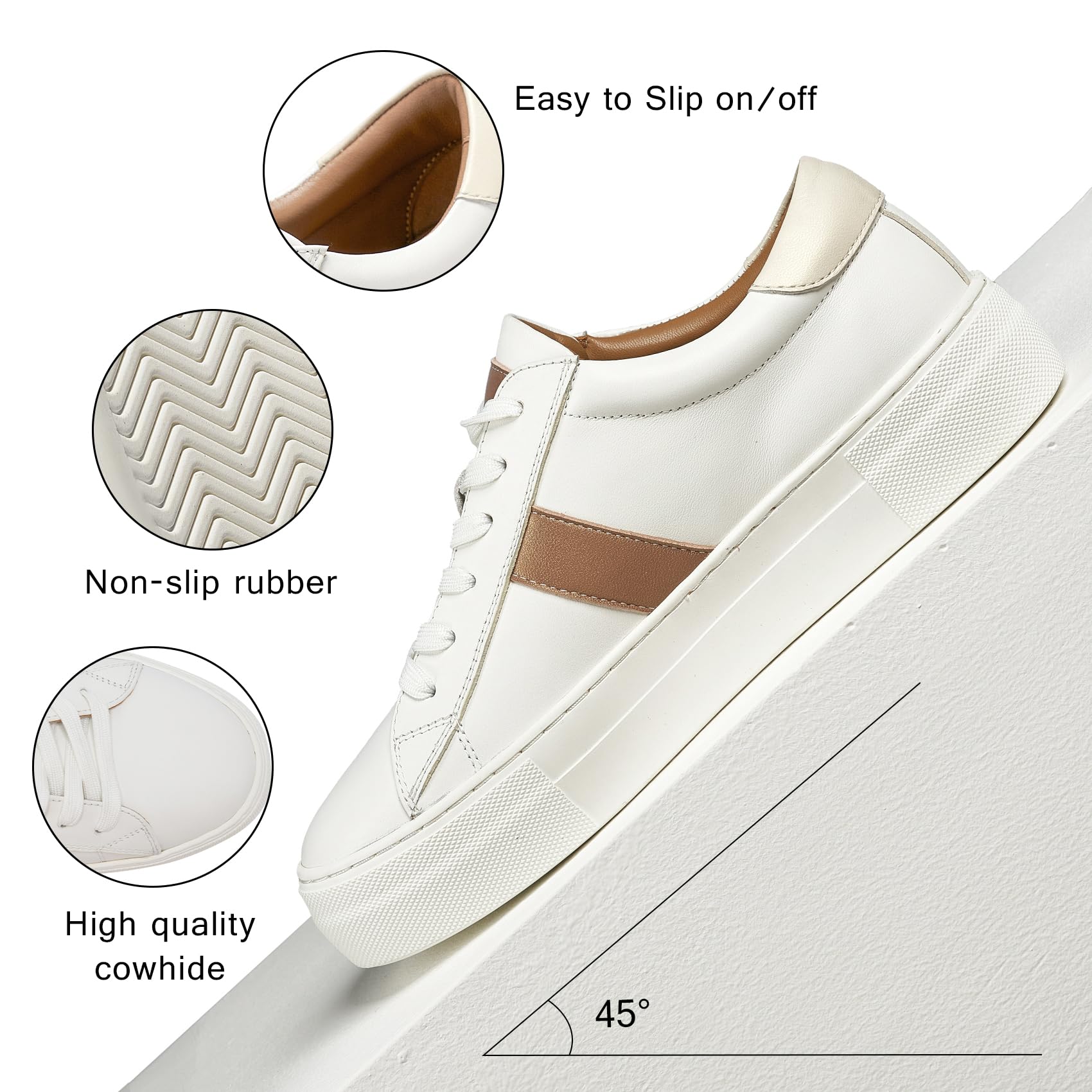 AiciBerllucci Women's Casual Sneakers,Leather Platform Sneakers for Women Fashion,Lace Up Walking Sneakers Comfortable,Street Platform Sneakers Low Top Authentic Shoes White 99AP48-WhiteBrown-7.5