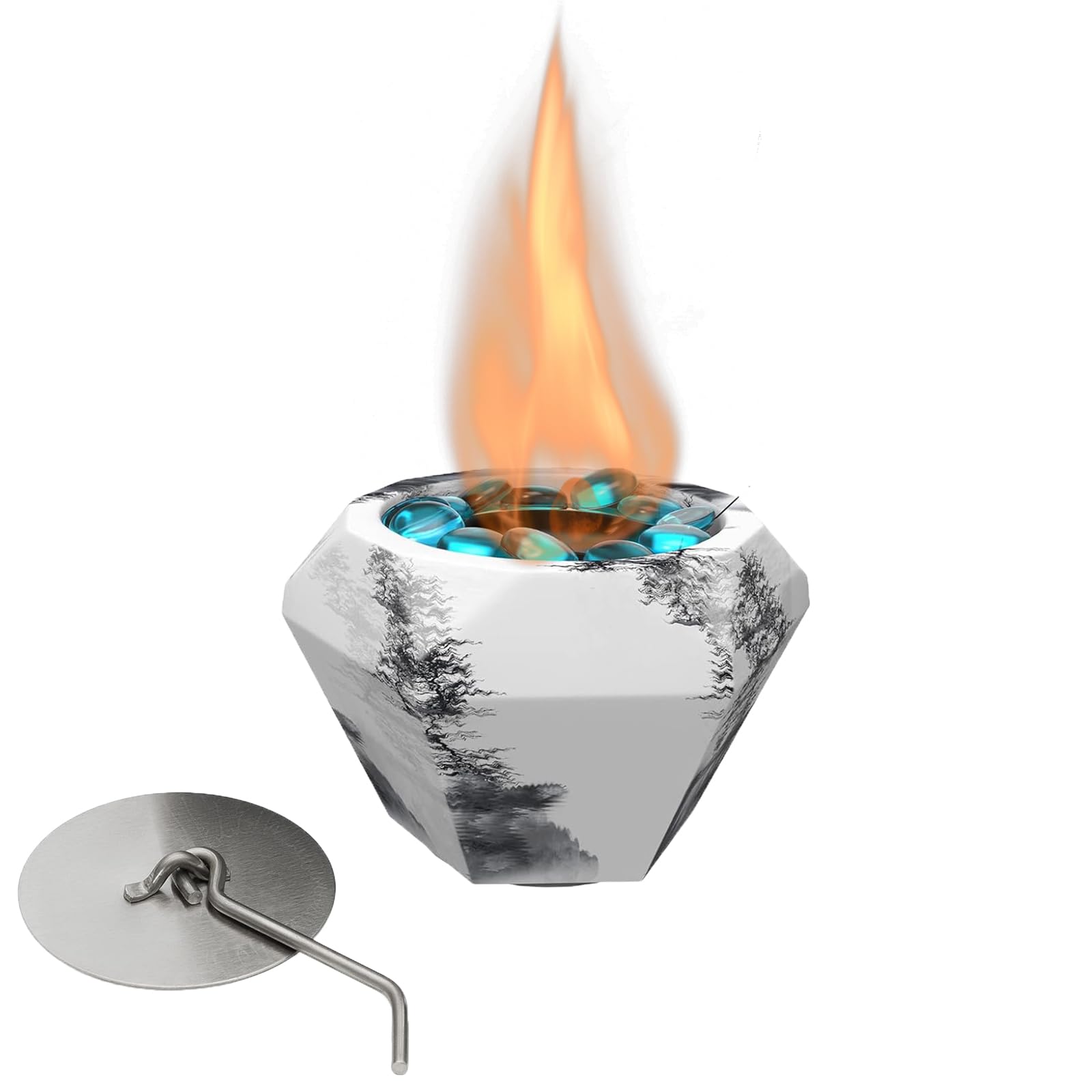 Tabletop Fire Pit Bowl,MRKTAO Diamond Shaped Concrete Portable Fireplace,Ethanol Mini Fire Pit for Indoor and Outdoor Decor,Small Smores Fire Pit for Garden Party Halloween Christmas Decor(Marble)