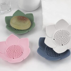 Linkidea 4 Pack Soap Dish with Drain, Silicone Bar Soap Holder for Bathroom, Flower Shape Soap Tray for Kitchen Sink