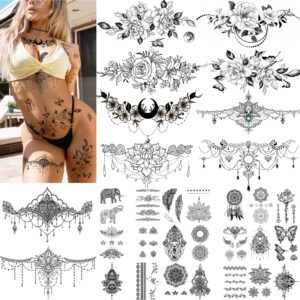 quichic 66+ pieces underboob tattoo chest tattoo for women temporary tattoo sternum tattoos temporary realistic girls includes 10 large fake tattoos long lasting waist flower temp tattoos party favors