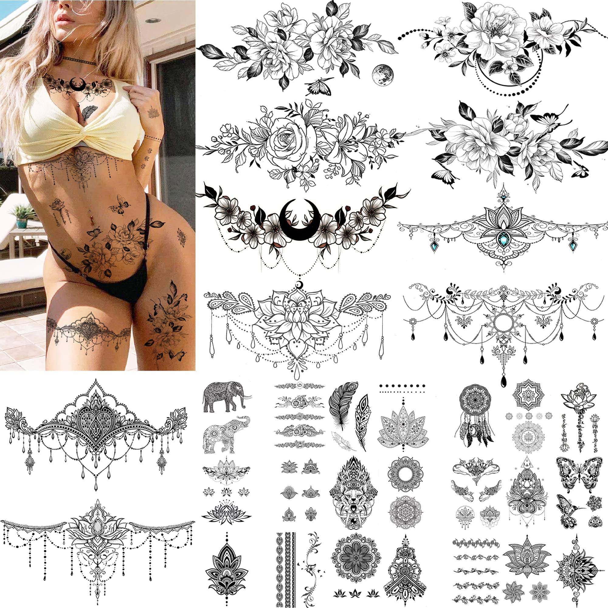 Quichic 66+ Pieces Underboob Tattoo Chest Tattoo for Women Temporary Tattoo Sternum Tattoos Temporary Realistic Girls Includes 10 Large Fake Tattoos Long Lasting Waist Flower Temp Tattoos Party Favors