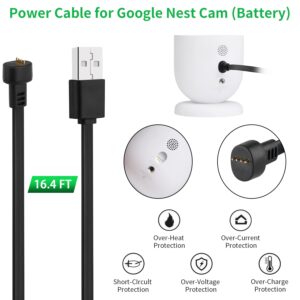 Power Adapter for Google Nest Cam Outdoor or Indoor, Battery, with 16.4Ft/5m Weatherproof Charging Cable Continuously Power Your Nest Cam (Battery) - Black